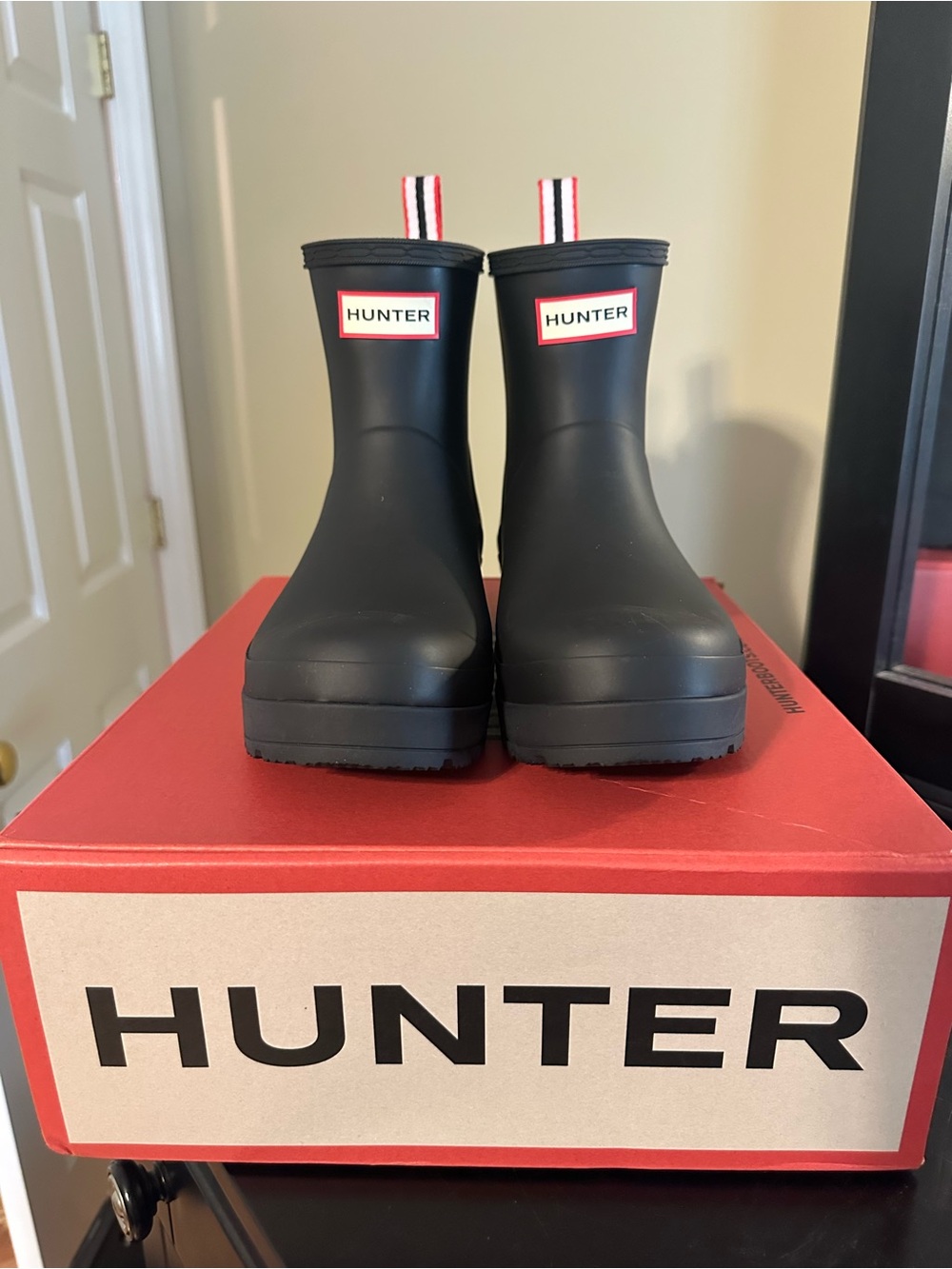 Hunter Black Rain Boots with Red-Trim Pull Tabs